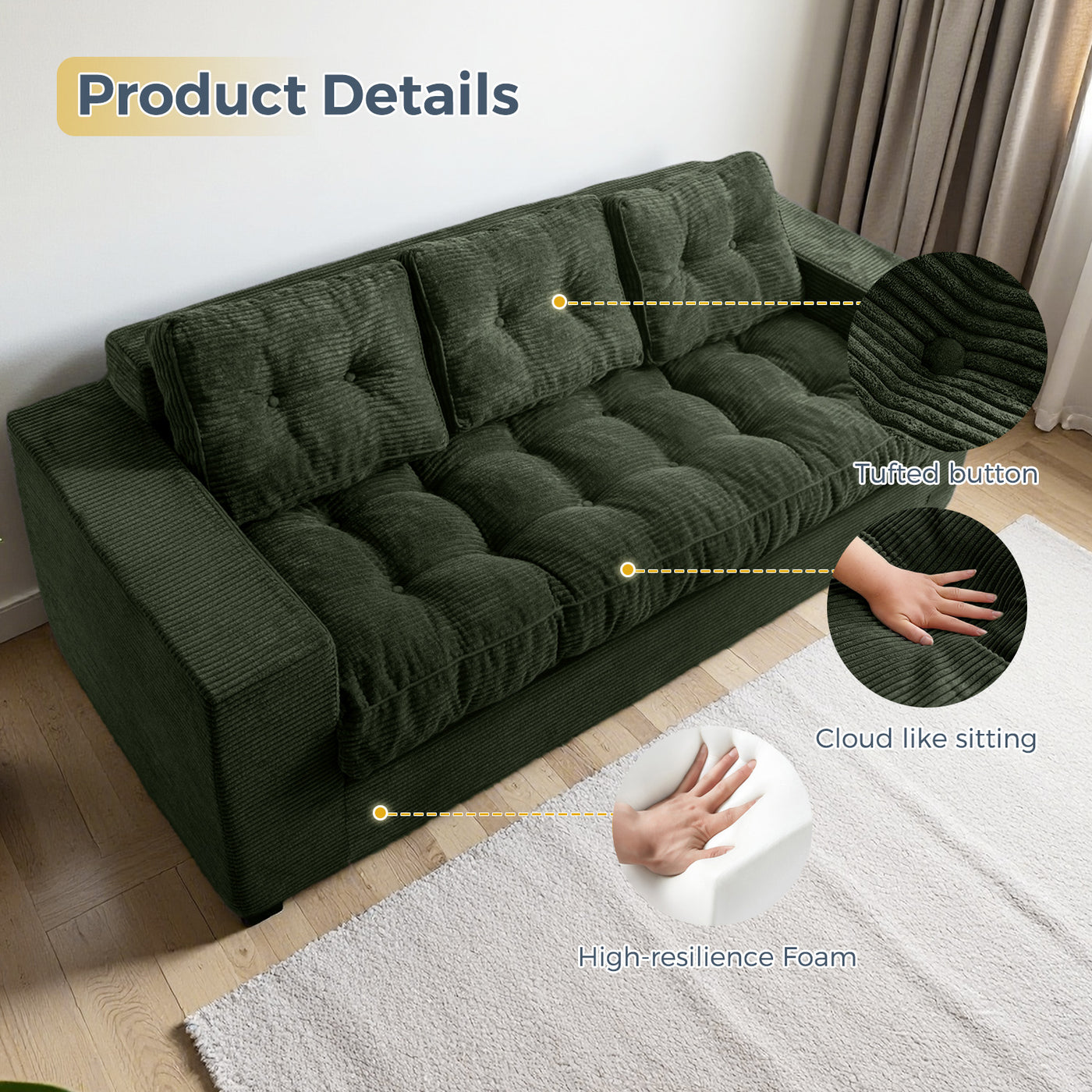 MAXYOYO 3 Seater Couch for Living Room - Boneless Couch, Sofa in A Box, No Assembly Required, Green