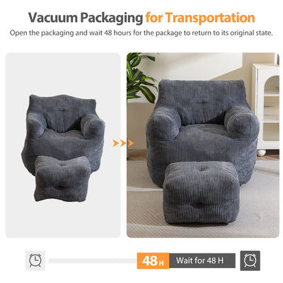MAXYOYO Tufted Bean Bag Chair with Ottoman, Corduroy Bean Bag Couch Lazy Chair with Filler for Adult, Grey