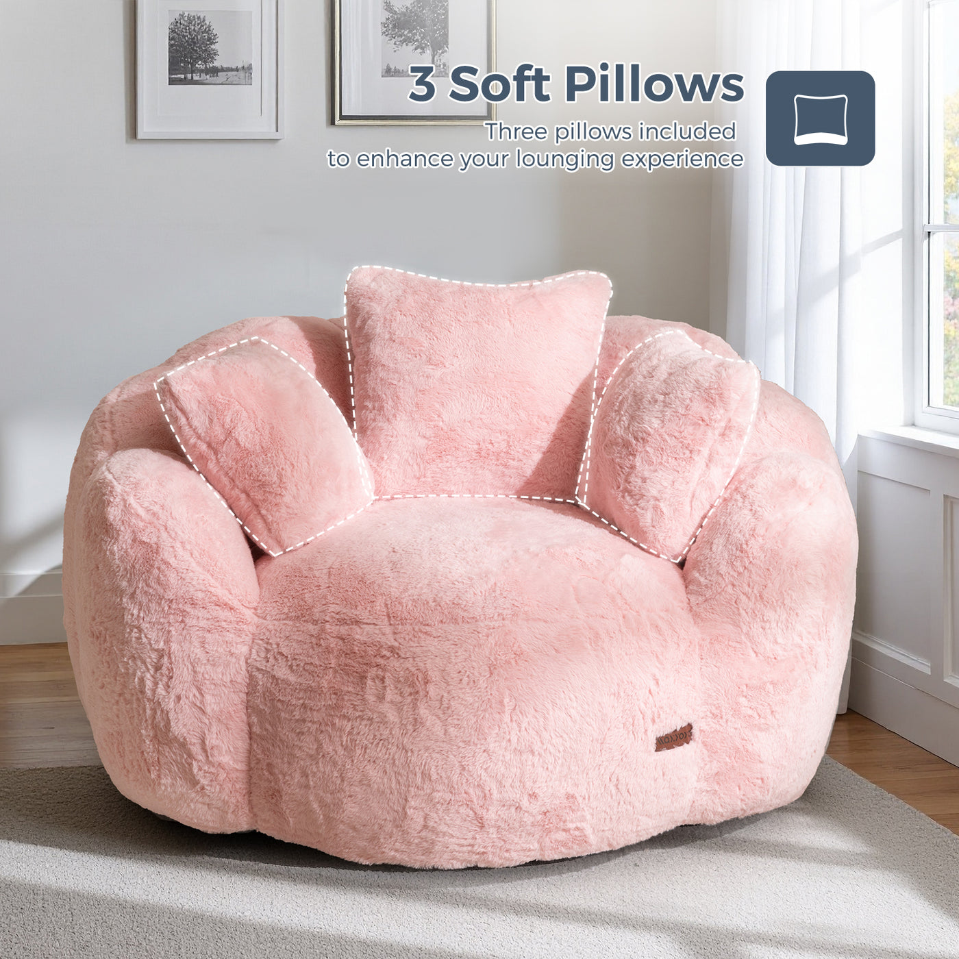MAXYOYO Floral Bean Bag Chair 3 Pillows –  Faux Fur Lounge Sofa for Relaxing Corners, Pink