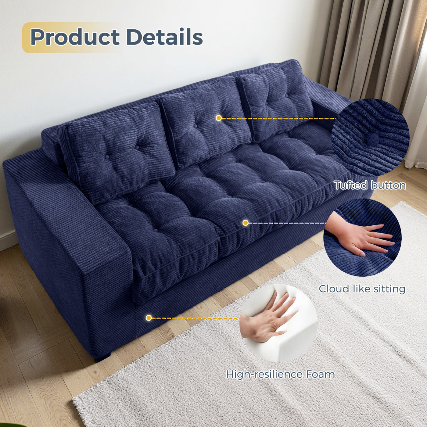 MAXYOYO 3 Seater Couch for Living Room - Boneless Couch, Sofa in A Box, No Assembly Required, Navy