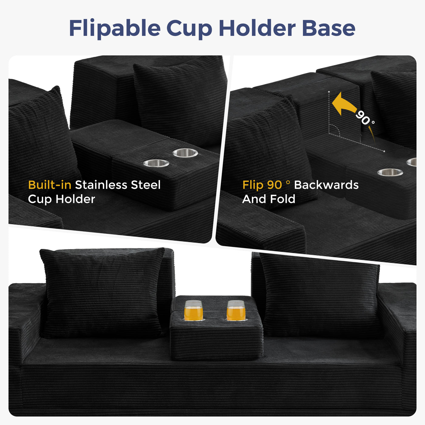 MAXYOYO Sofa Bed, 4 in 1 Foldable Floor Sofa Couch in A Box with 2 Cup Holders, Convertible 3 Seater Boneless Couch Folding Recliner Sleeper Chair for Living Room, No Assembly Required