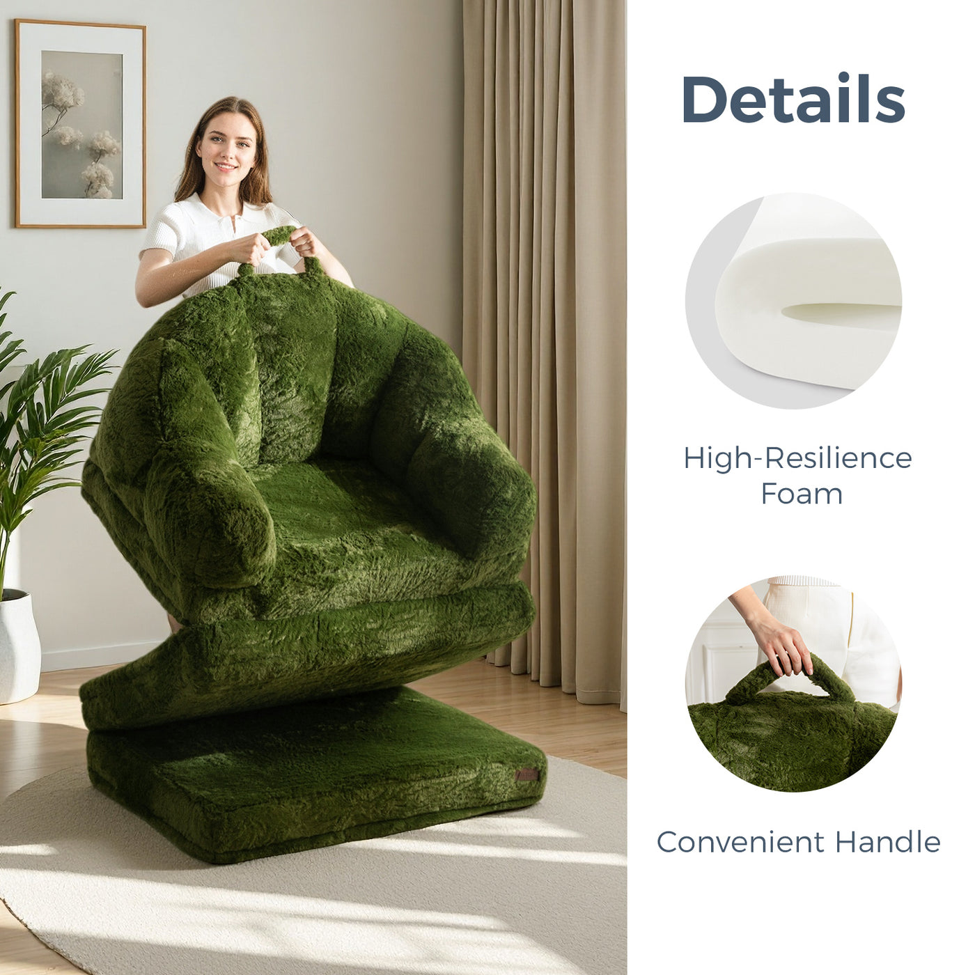 MAXYOYO Convertible Floor Sofa – Foldable Bean Bag Chair with Handle, Green