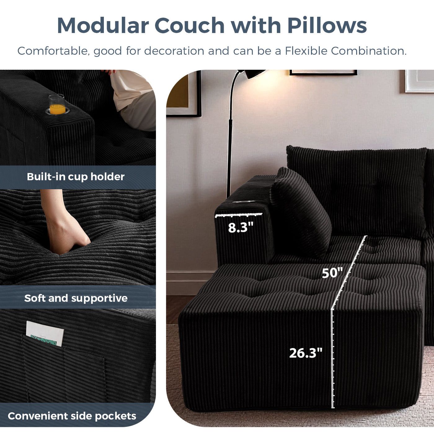 L Shaped Modular Sofa #color_black