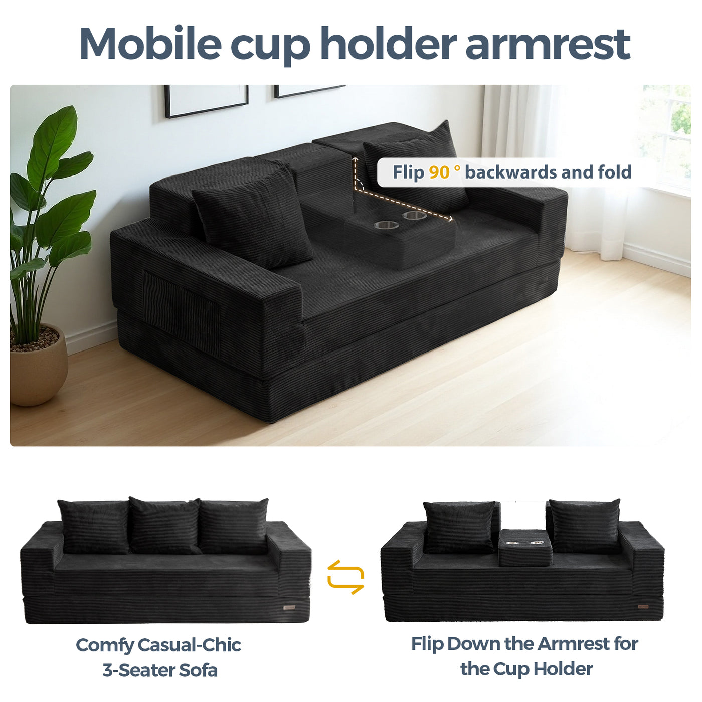MAXYOYO 4-in-1 3-Seater Foldable Sofa Bed – Corded Convertible Floor Couch with Cup Holders, No Assembly, Black