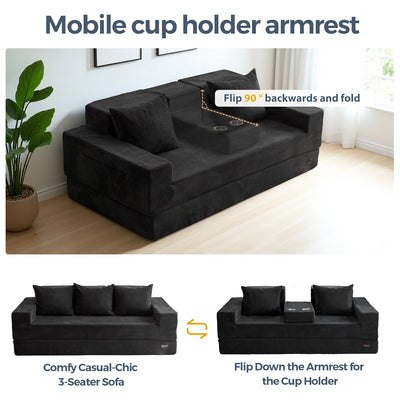 MAXYOYO 4-in-1 3-Seater Foldable Sofa Bed – Corded Convertible Floor Couch with Cup Holders, No Assembly, Black