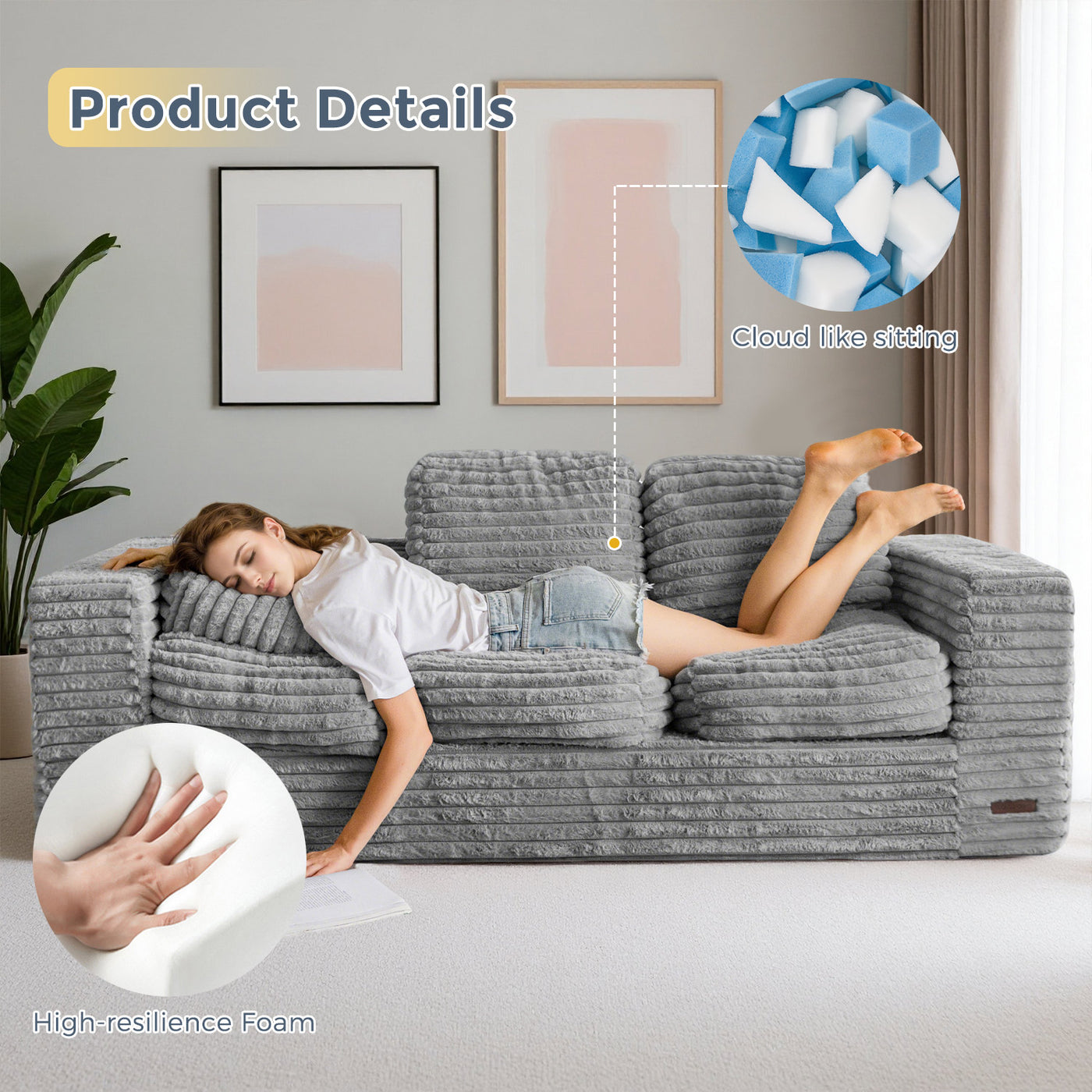 MAXYOYO 3-Seater Faux Fur Sofa – Fluffy Boneless Couch with Pillows in a Box, Faux Fur Lounge, No Assembly