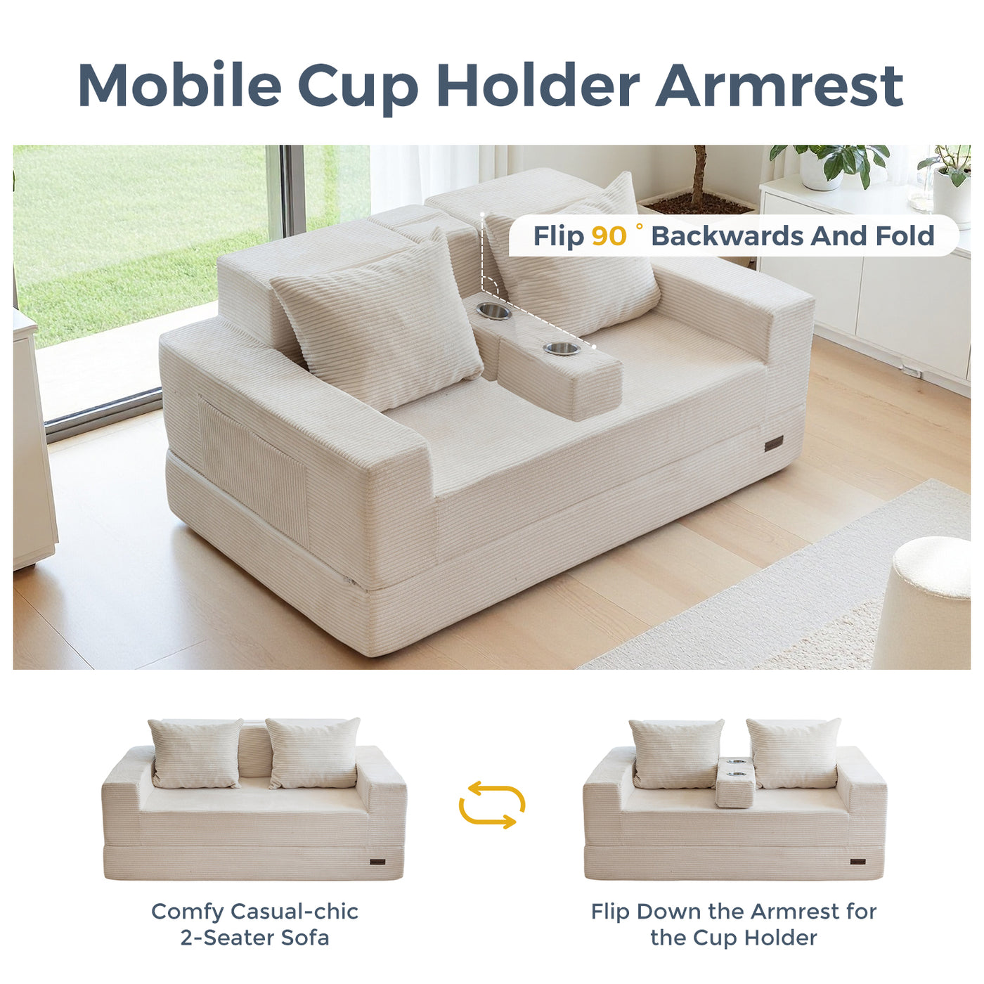 MAXYOYO Convertible Loveseat Sofa Bed – Corded Foldable Floor Recliner with Cup Holders, Beige