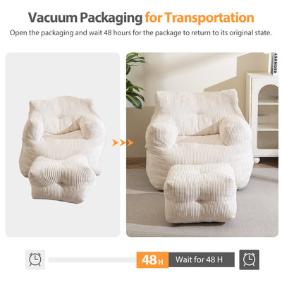 MAXYOYO Tufted Bean Bag Chair with Ottoman, Corduroy Bean Bag Couch Lazy Chair with Filler for Adult, Beige