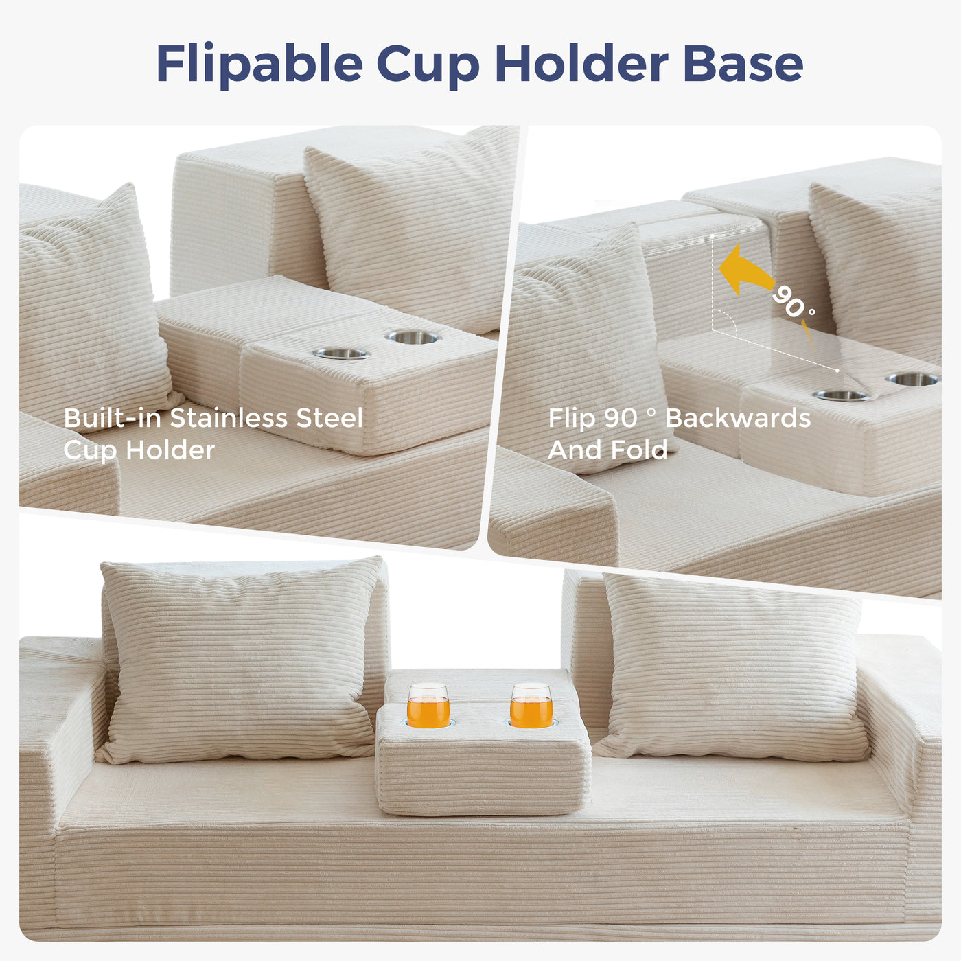 MAXYOYO Sofa Bed, 4 in 1 Foldable Floor Sofa Couch in A Box with 2 Cup Holders, Convertible 3 Seater Boneless Couch Folding Recliner Sleeper Chair for Living Room, No Assembly Required