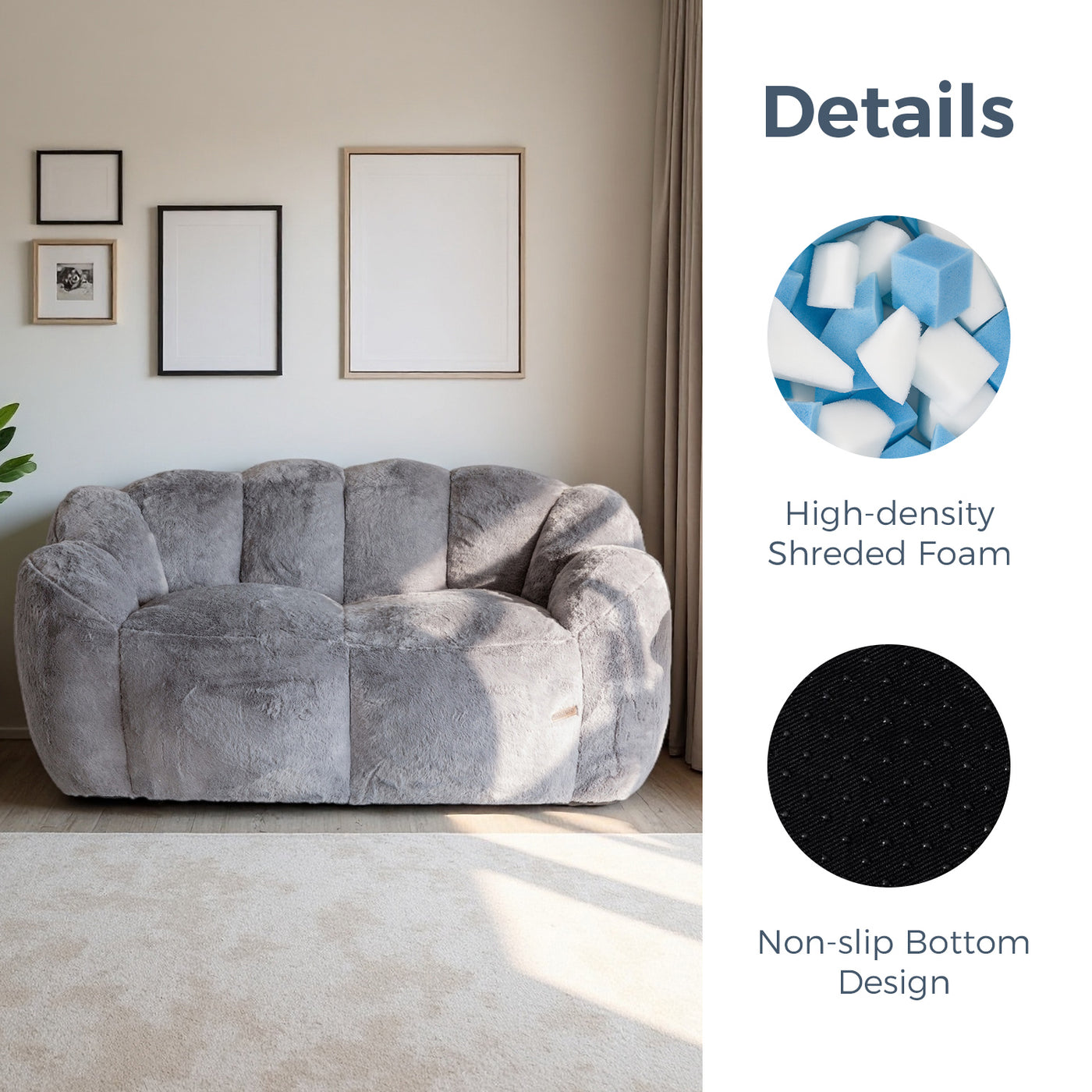 MAXYOYO Bean Bag Chair, Ultra Soft Faux Fur Loveseat Floral Petal Back Sofa for Adults, Double Size (Dark Grey)