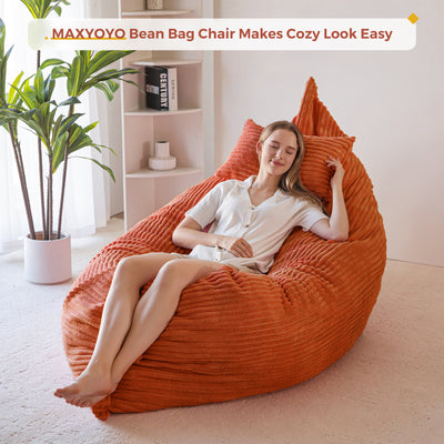 MAXYOYO Giant Bean Bag Chair with Pillow, 3 in 1 Convertible Bean Bag Bed for Adults with Washable Cover, Removable Floor Cushion Stuffed Floor Lounger for Living Room Bedroom, Orange