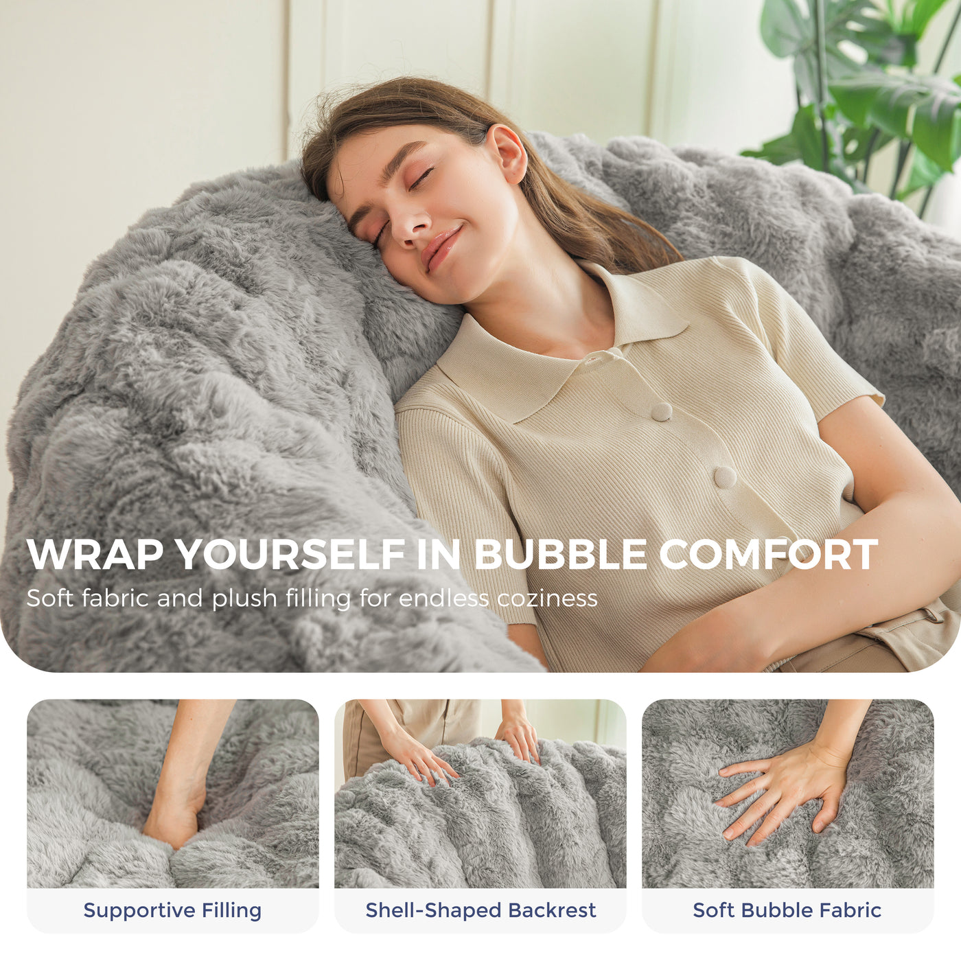 MAXYOYO Giant Bean Bag Chair for Adults, Stuffed Shell-Shaped Large Bean Bag Couch, Cozy Living Room Chair with Filler, Floor Sofa Lazy Sofa for Bedroom Living Room