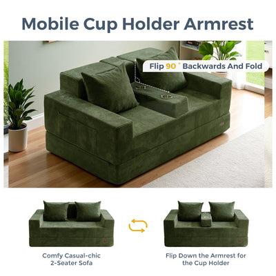 MAXYOYO Loveseat Sofa Bed in a Box – Corded 4-in-1 Floor Couch with Cup Holders, No Tools Needed, Dark Green