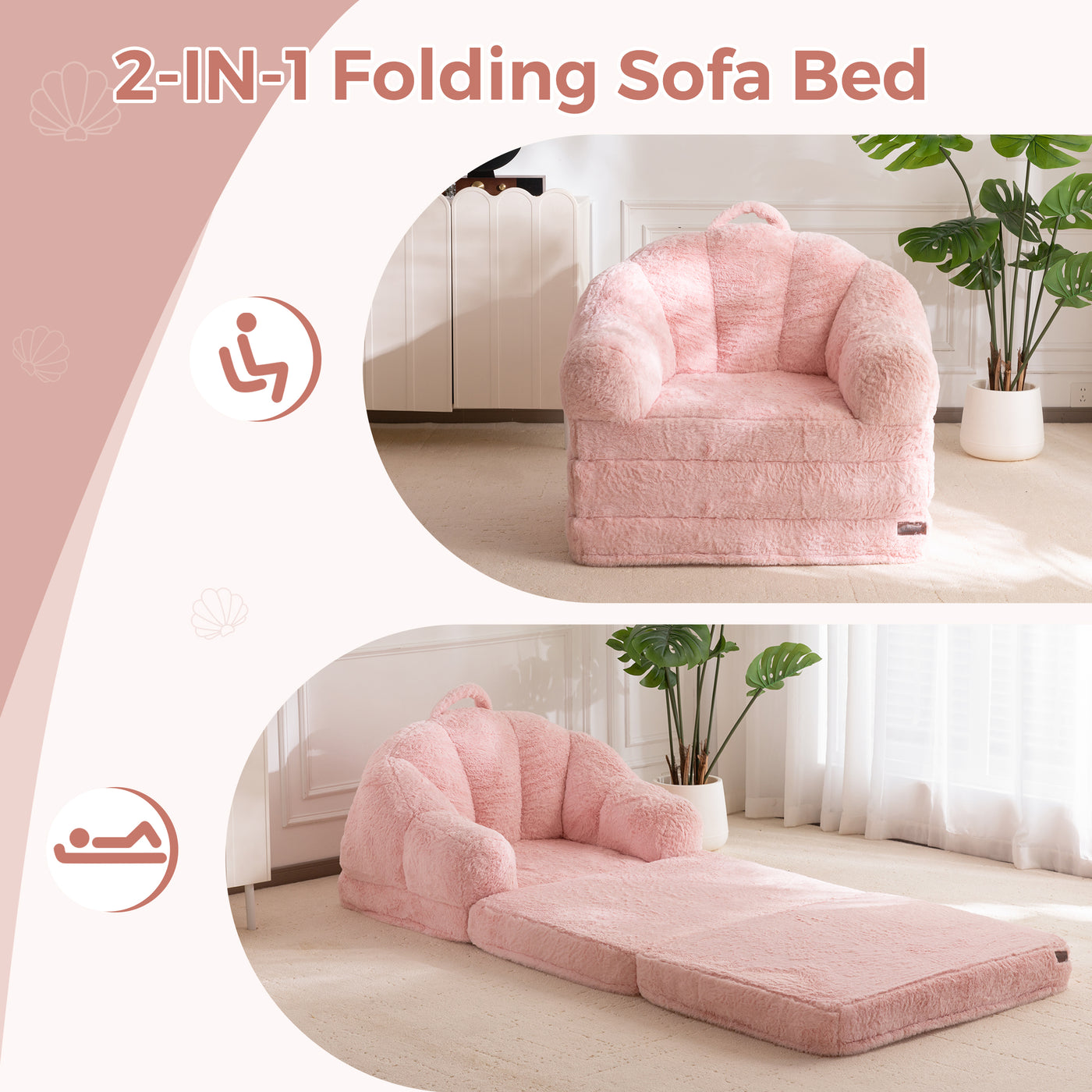 MAXYOYO Folding Sofa Bed, 2 in 1 Convertible Sofa to Lounger Comfy Single Bean Bag Chair for Adults, Floor Sleeper Couch with Handle, Faux Fur Couch Bed for Living Room Bedroom, Pink