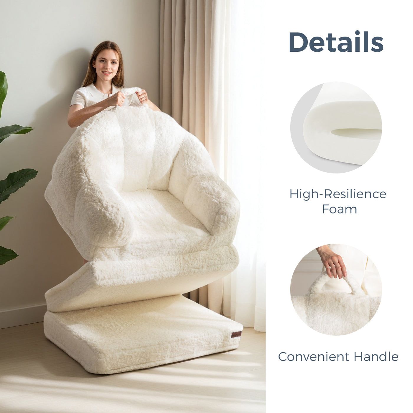 MAXYOYO Convertible Floor Sofa – Foldable Bean Bag Chair with Handle, Beige