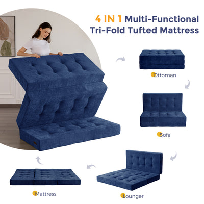 MAXYOYO Tri-Fold Mattress, 6 Inch Tufted Folding Mattress with Chenille Fabric, Portable Queen Size Floor Guest Mat for Adults, Foldable Topper for Camping