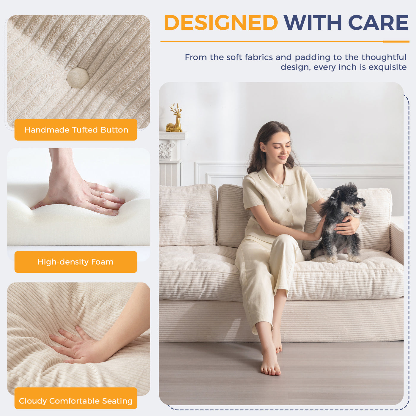 MAXYOYO 3 Seater Couch for Living Room, Boneless Couch with Tufted Cushion & Backrest, Upholstered Floor Sofa with Armrests, Sofa in A Box, No Assembly Required