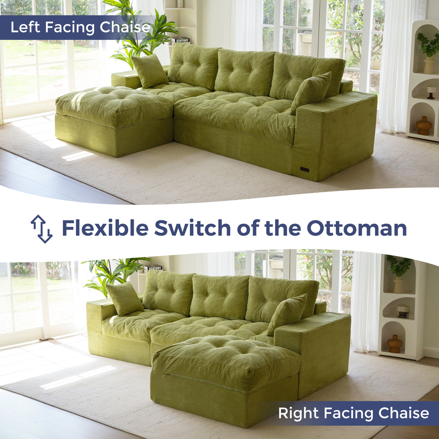 Green sectional sofa with ottoman in a living room setting, showing flexible switch feature.