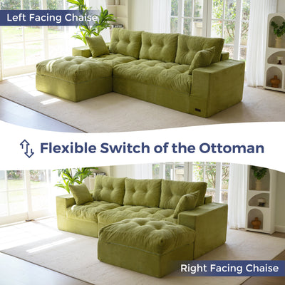 Green sectional sofa with ottoman in a living room setting, showing flexible switch feature.