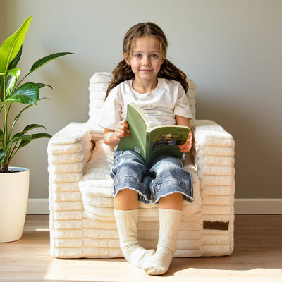 MAXYOYO Kids Bean Bag Chair - Faux Fur Lazy Floor Chair Couch with Pillows and Armrests, Beige