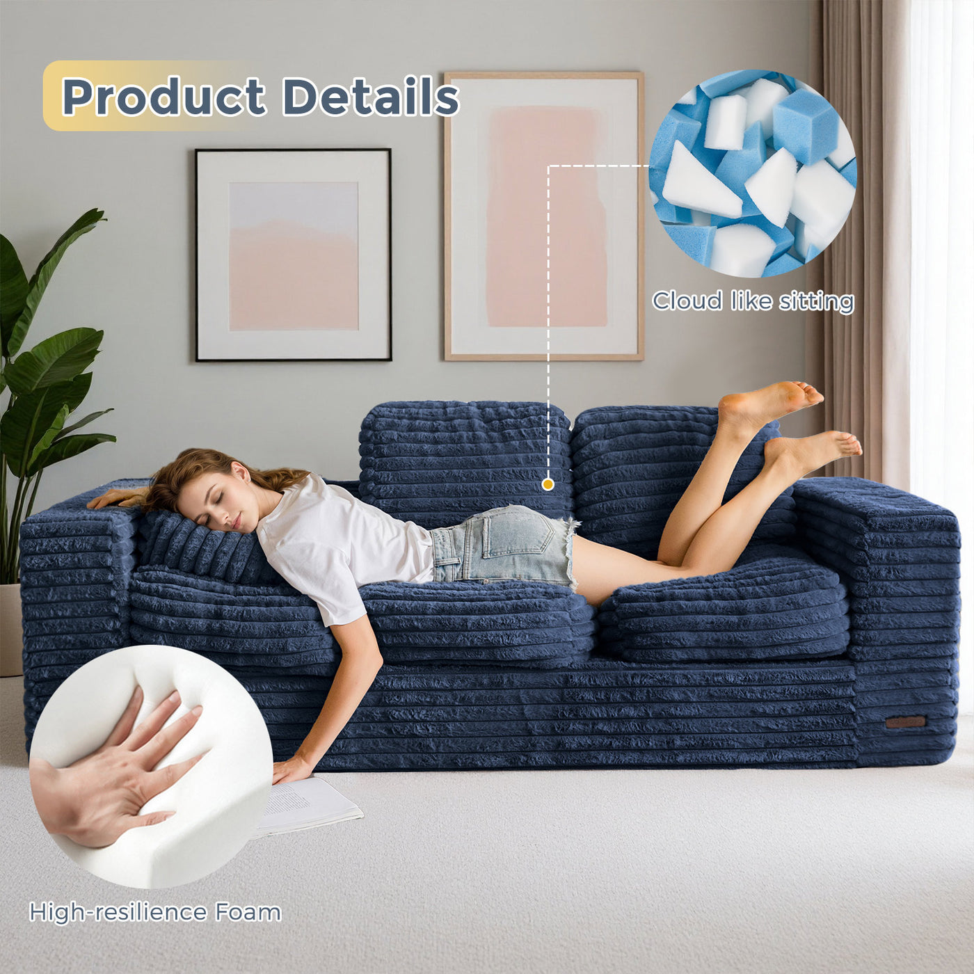 MAXYOYO 3-Seater Faux Fur Sofa – Fluffy Boneless Couch with Pillows in a Box, Faux Fur Lounge, No Assembly