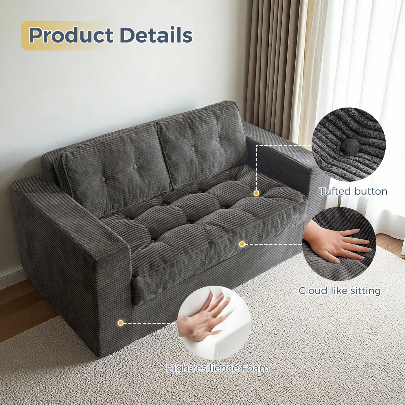 MAXYOYO Bean Bag Chair for Adults, Floor Sofa with Armrests, Loveseat Boneless Couch with Tufted Cushion & Backrest, Sofa in A Box, Large Bean Bag Couch for Bedroom Living Room,