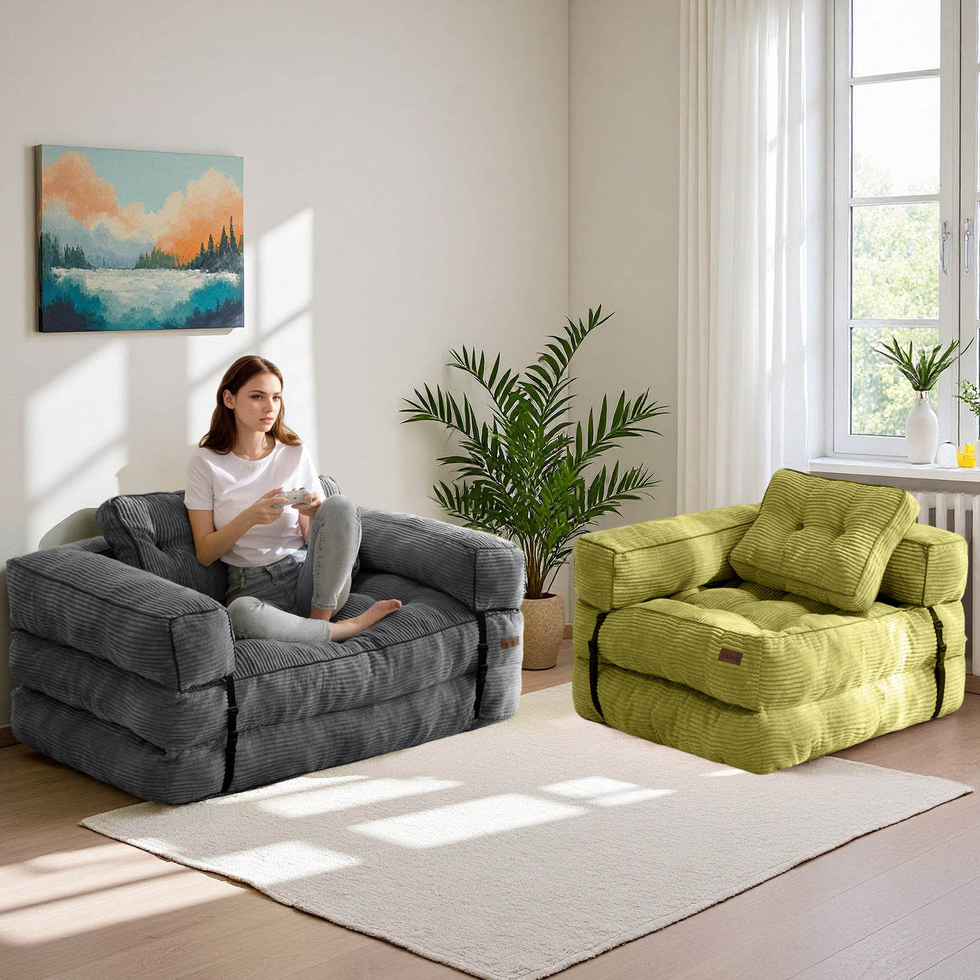 MAXYOYO Convertible  Sofa Bed with Armrest – 2-Seat Foldable Couch, Dark Grey