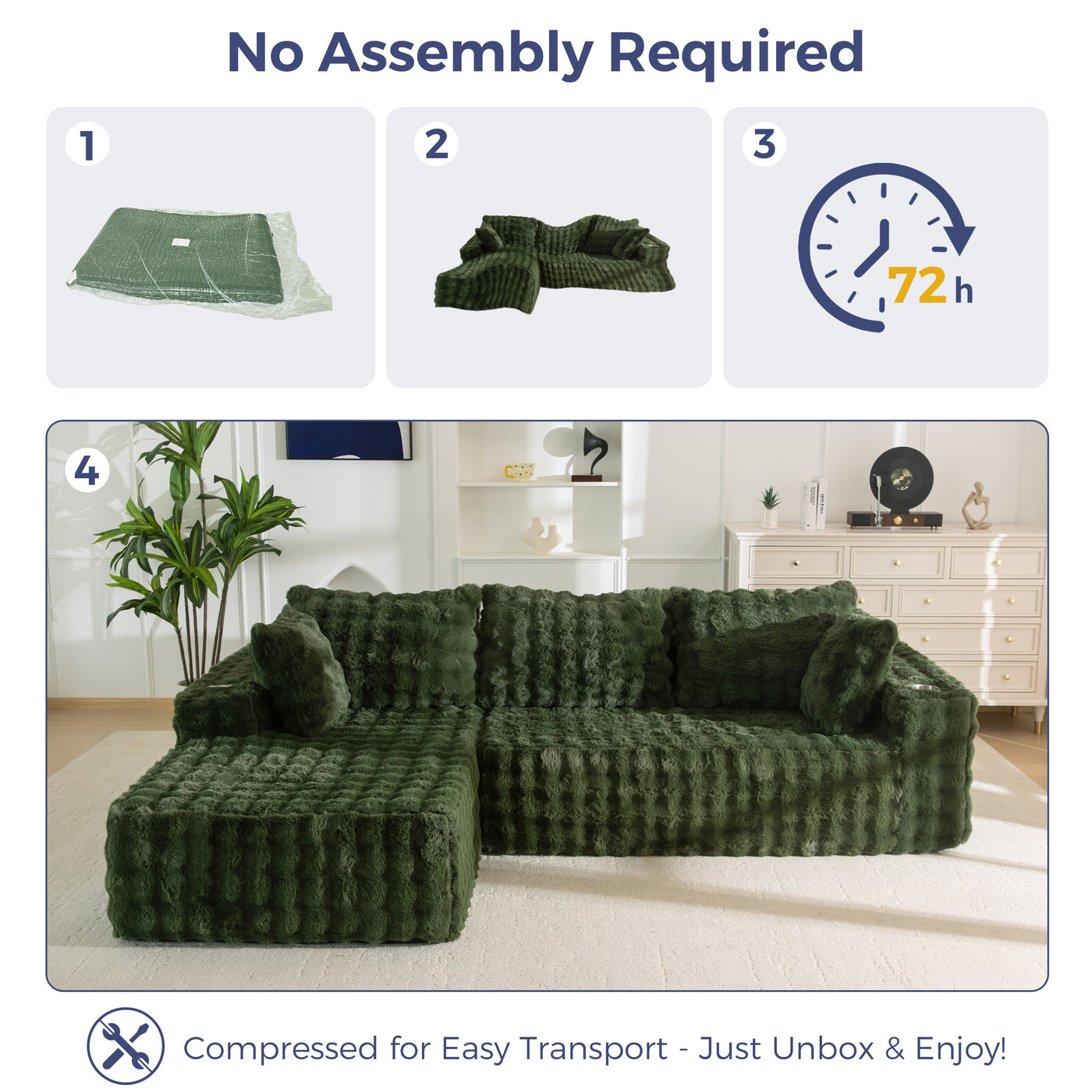 MAXYOYO 104" Modular Sectional Couch with L-Shape Chaise, Modern Boneless Couch for Living Room, Sofa in A Box, Oversized Sofa Sleeper with Deep Seat, No Assembly Required, Green