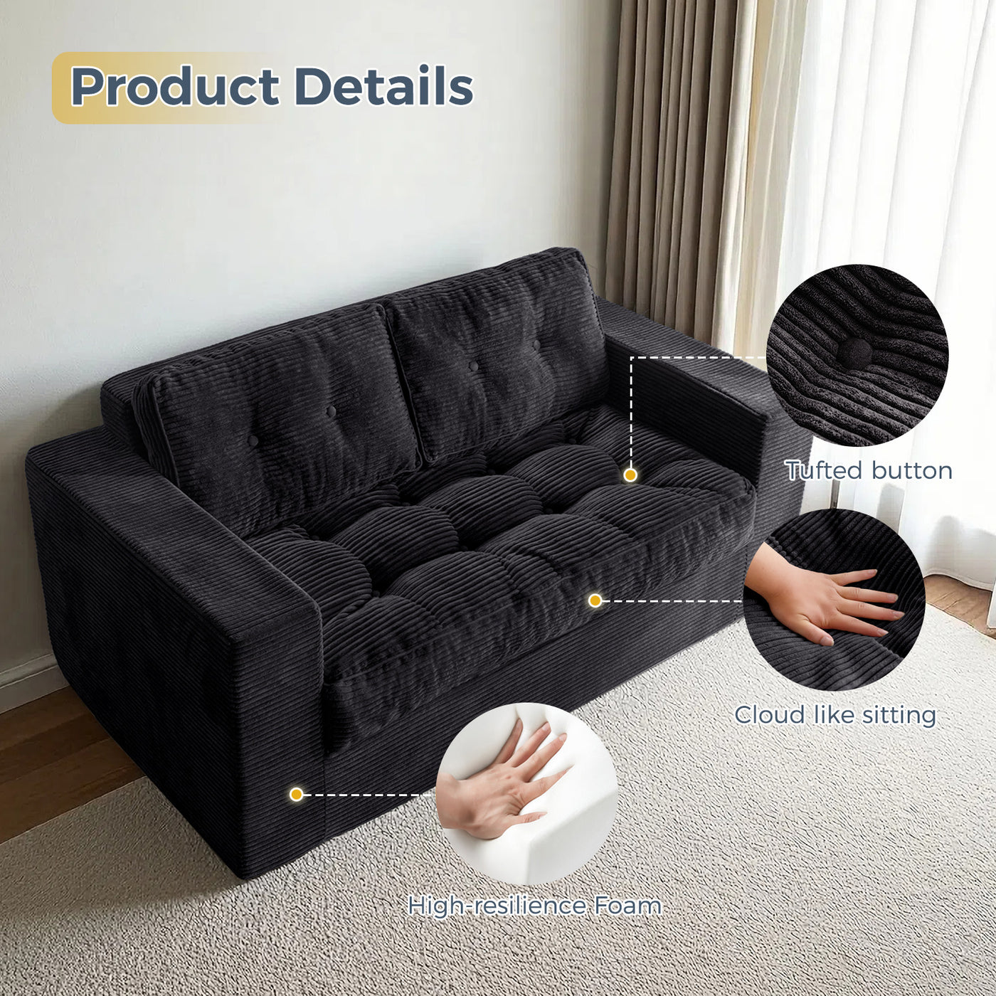 MAXYOYO Bean Bag Chair for Adults, Upholstered Floor Sofa, Loveseat Boneless Couch with Tufted Cushion & Backrest, Sofa in A Box, Large Bean Bag Couch for Bedroom Living Room, Black