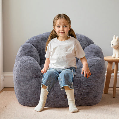MAXYOYO Kids Bean Bag Chair, Floral Shaped Bean Bag Sofa, Plush Faux Fur Toddler Couch with Petal Backrest for Boys Girls, Stuffed Cozy Sofa for Nursery, Bedroom, Grey