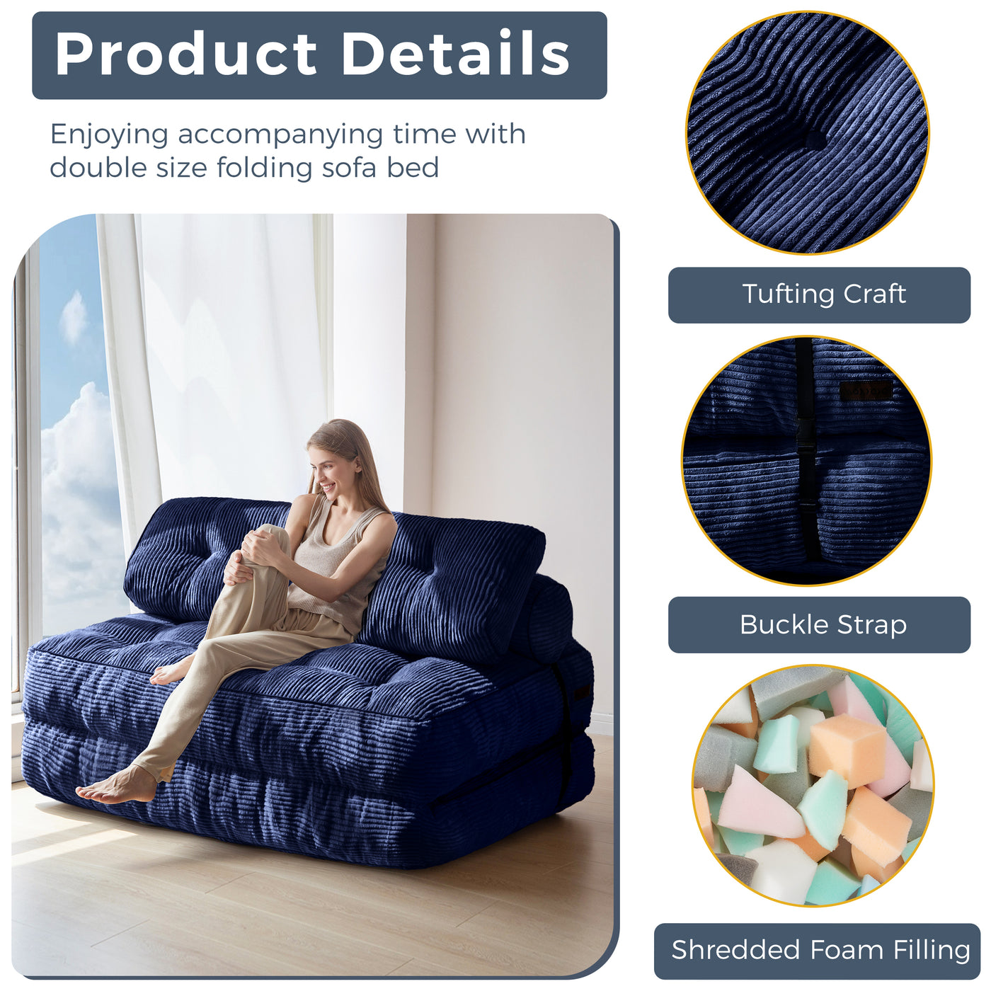 MAXYOYO Folding Sofa Bed, Convertible Sleeper Chair with Pillow Foldable Matress with Back Support, Portable Fold Out Chair Bed Comfy Floor Sofa Lounge for Living Room Bedroom, Navy Double
