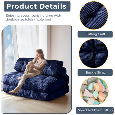 MAXYOYO Folding Sofa Bed, Convertible Sleeper Chair with Pillow Foldable Matress with Back Support, Portable Fold Out Chair Bed Comfy Floor Sofa Lounge for Living Room Bedroom, Navy Double