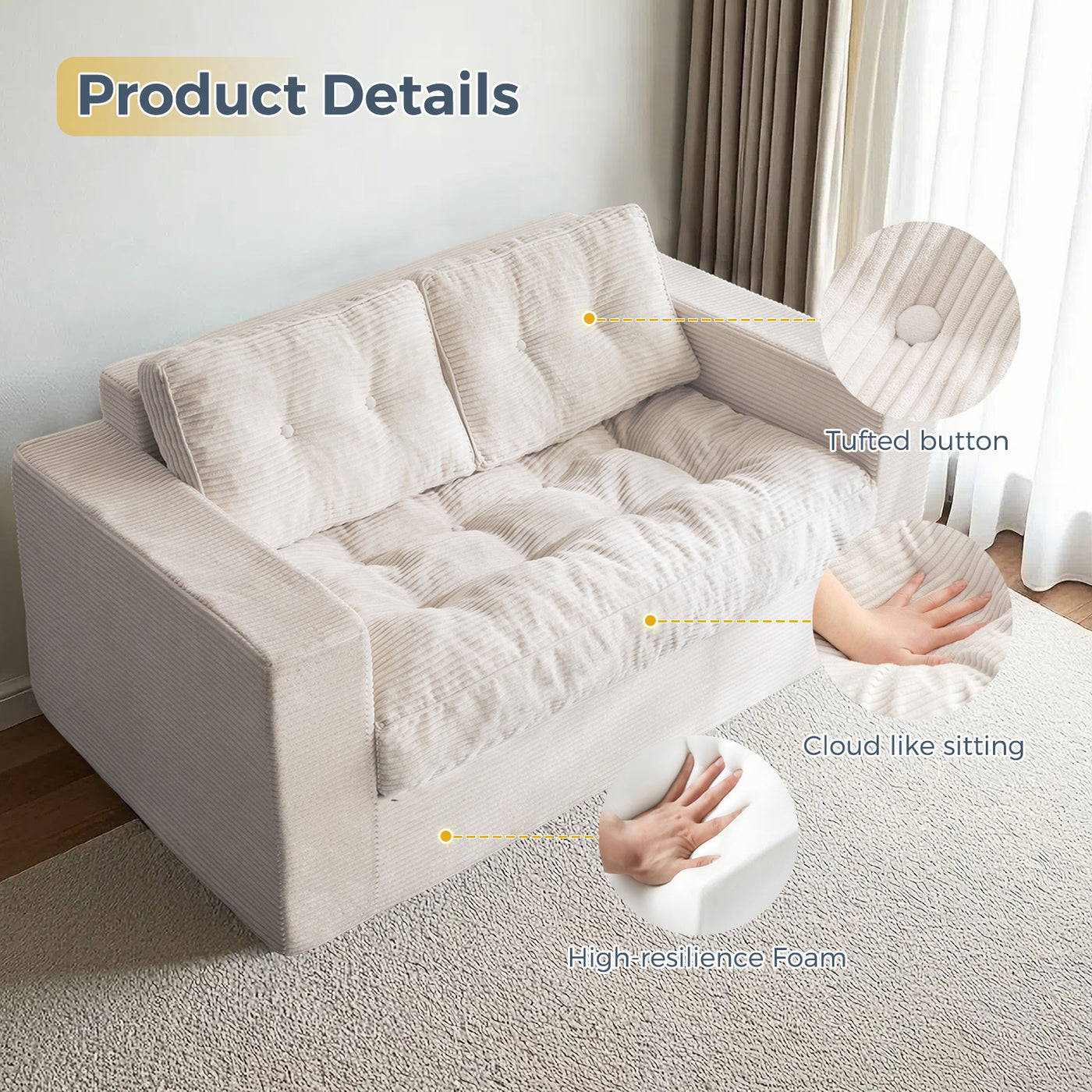 MAXYOYO Bean Bag Sofa Chair - Upholstered Floor Sofa with Armrests for Adults, Beige