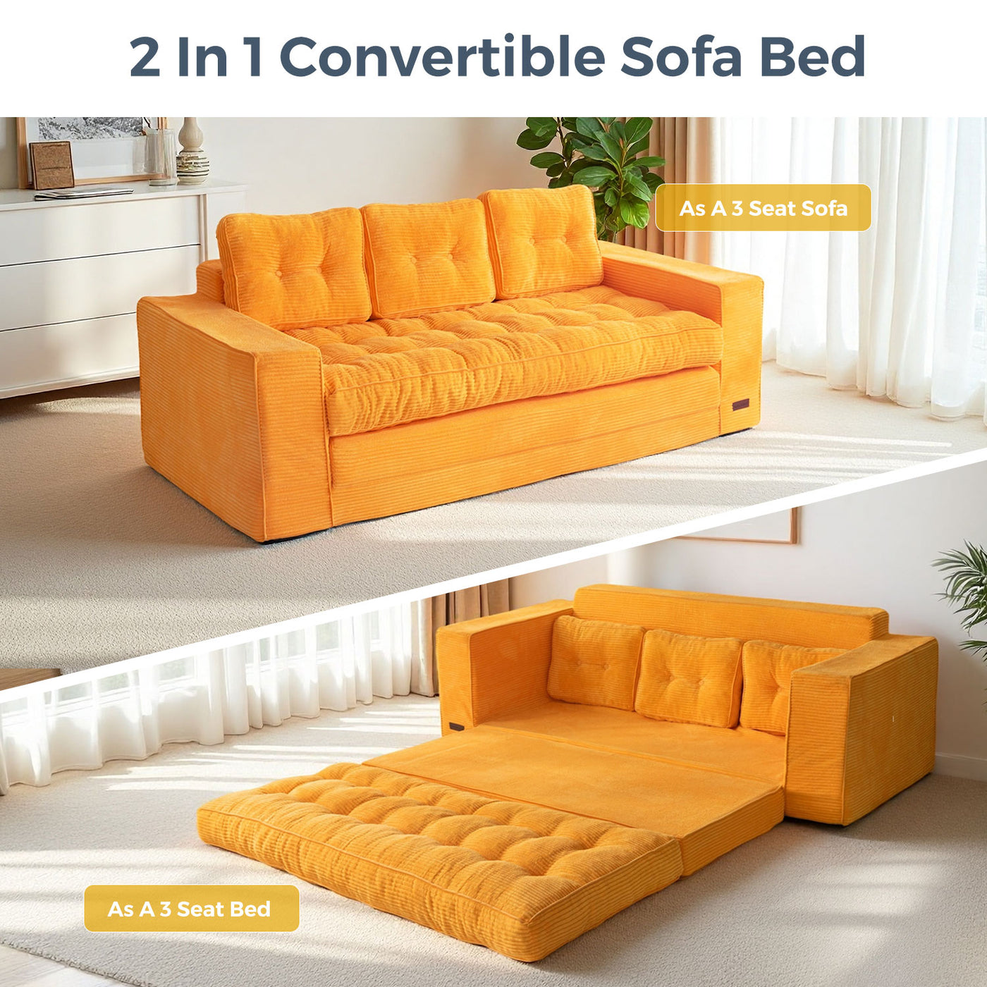 MAXYOYO 3-Seater Convertible Sofa Bed – Corded 2-in-1 Pull-Out Floor Couch with Pillows for Living Room, No Assembly