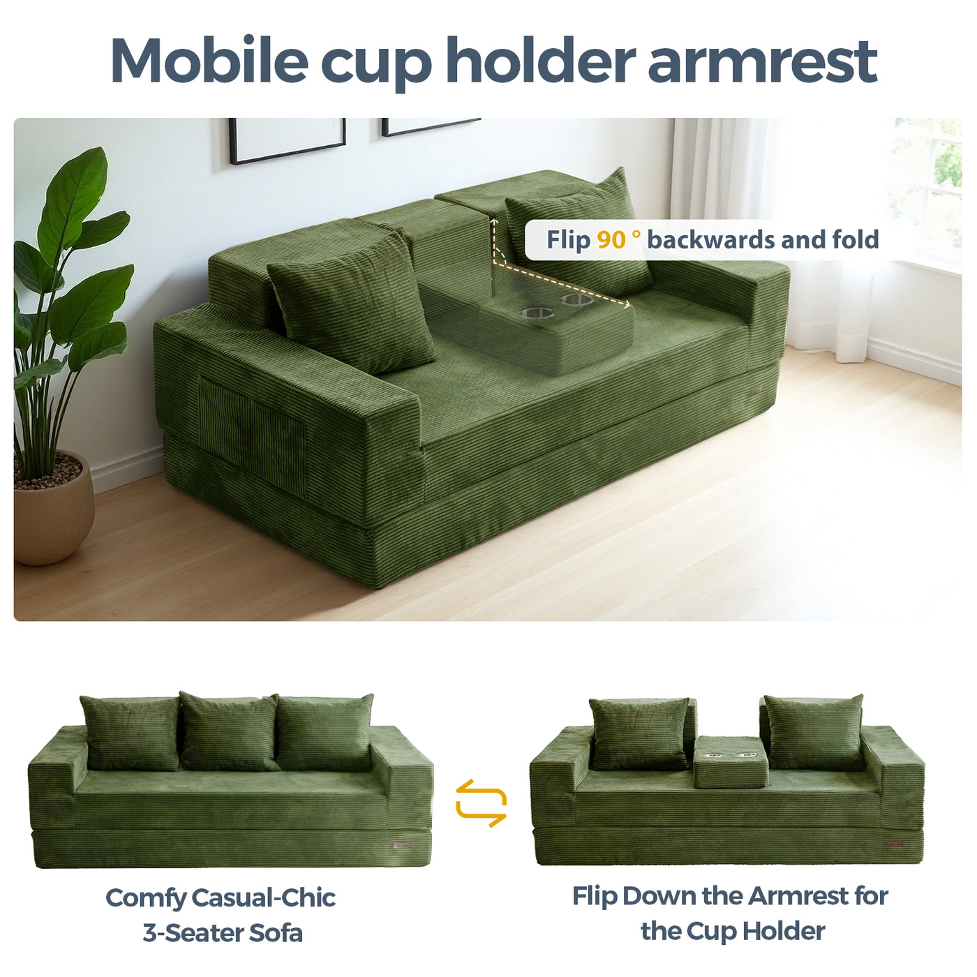 MAXYOYO 3-Seater Sofa Bed in a Box – Corded 4-in-1 Floor Couch with Cup Holders, No Tools Needed, Dark Green