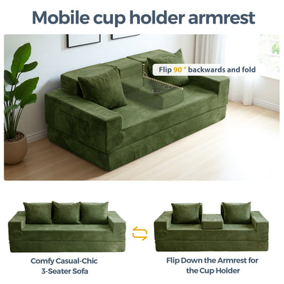 MAXYOYO 3-Seater Sofa Bed in a Box – Corded 4-in-1 Floor Couch with Cup Holders, No Tools Needed, Dark Green