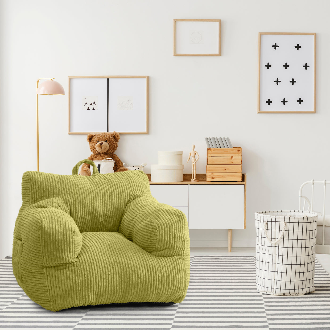 MAXYOYO Kids Bean Bag Chair, Corduroy Bean Bag Couch with Armrests for Children's Room (Green)