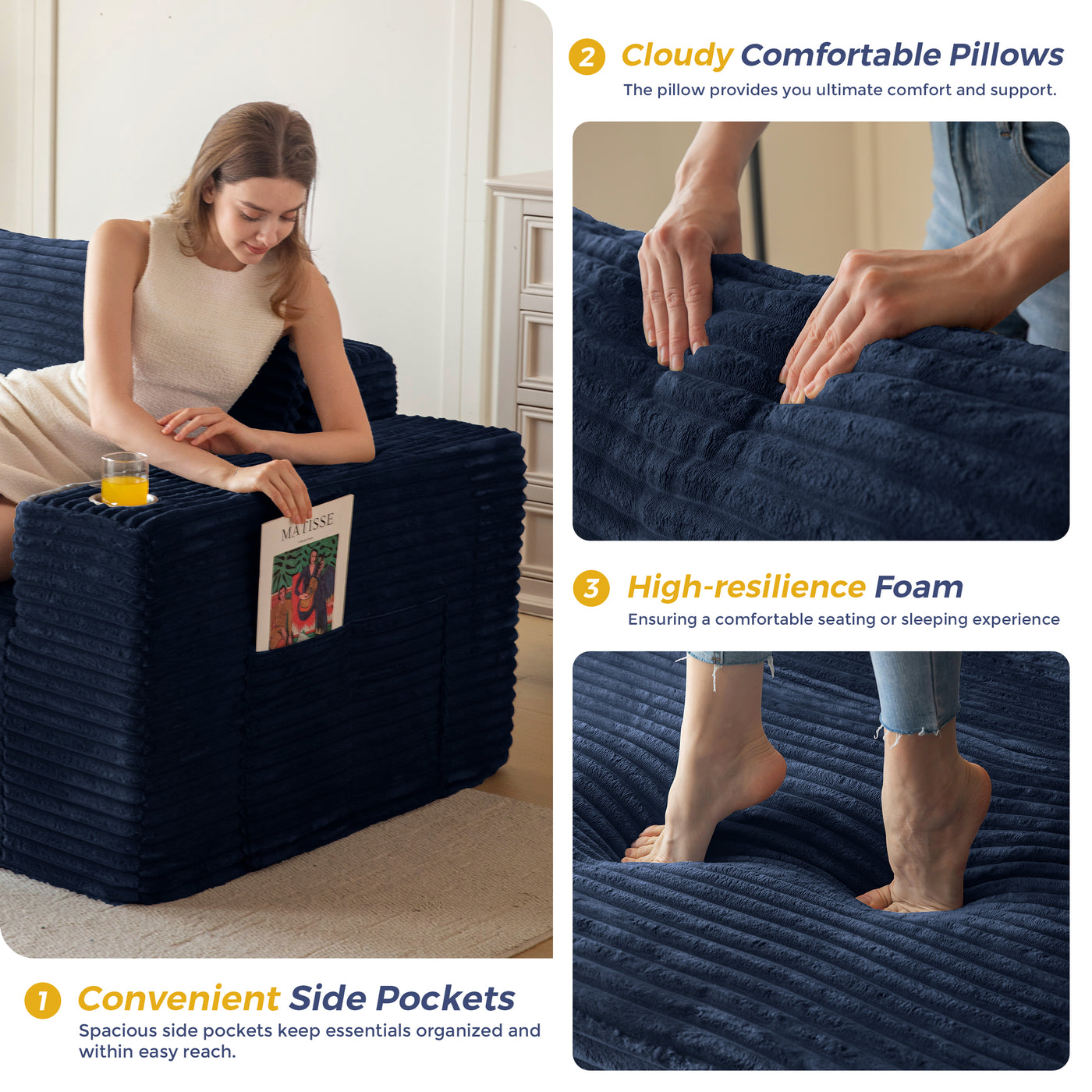 MAXYOYO 104" Modular Sectional Couch with L-Shape Chaise, Modern Boneless Couch for Living Room, Sofa in A Box, Oversized Sofa Sleeper with Deep Seat, No Assembly Required, Navy