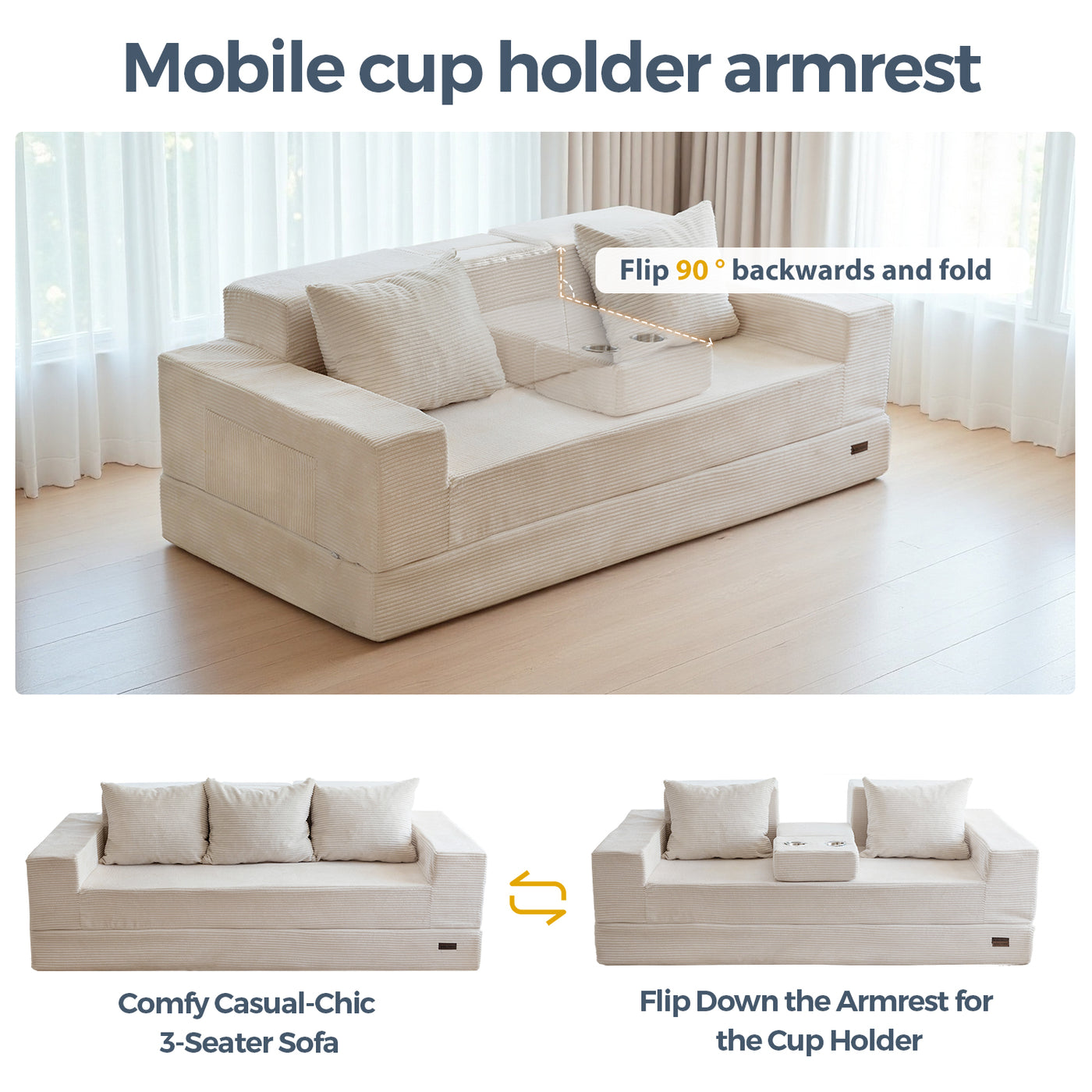 MAXYOYO Convertible 3-Seater Sofa Bed – Corded Foldable Floor Recliner with Cup Holders, Beige
