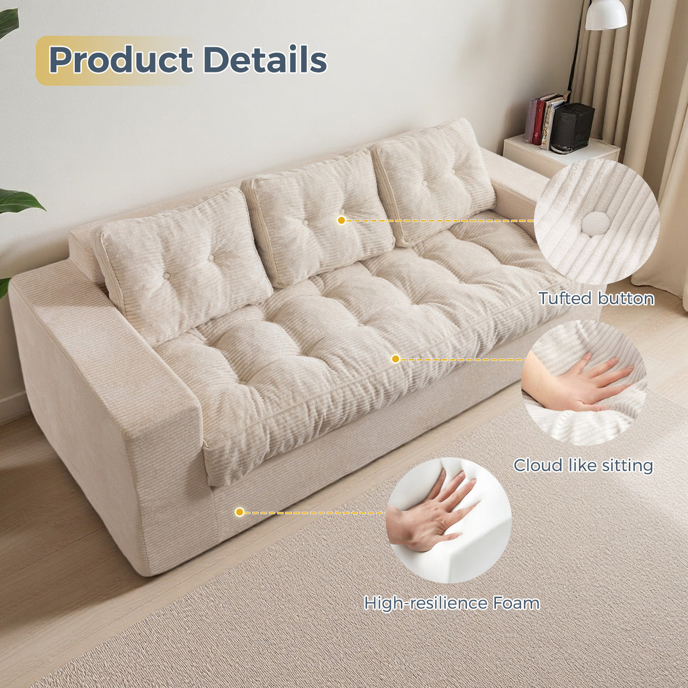 MAXYOYO 3 Seater Couch for Living Room - Boneless Couch, Sofa in A Box, No Assembly Required, Beige