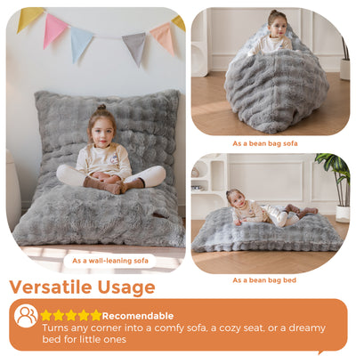 MAXYOYO 3 in 1 Kids Bean Bag Chair Bed, Child Floor Sofa for Gaming, Reading, Faux Fur Floor Mattress with High-Density Foam Filling for Living Room Bedroom