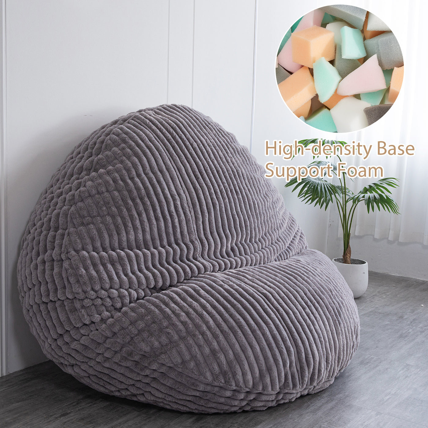 MAXYOYO Giant Bean Bag Chair for Adult, Round Soft Striped Faux Fur BeanBag, Grey