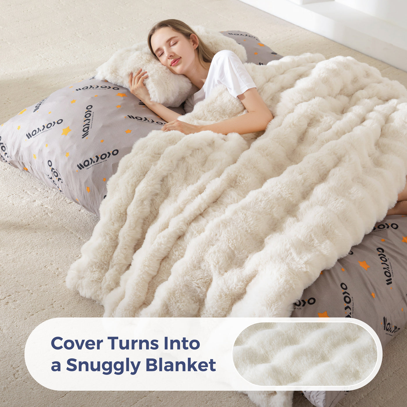 MAXYOYO Giant Bean Bag Chair with Pillow, 3 in 1 Convertible Bean Bag Chair for Adults with Removable Cover, Floor Cushion Stuffed Floor Lounger for Living Room Bedroom, Bubble