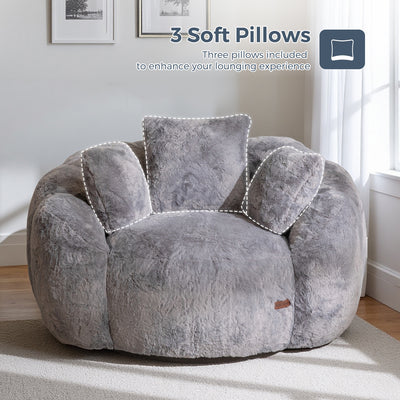 MAXYOYO Floral Bean Bag Chair 3 Pillows –  Soft Faux Fur Lounge Sofa for Reading&Gaming, Grey