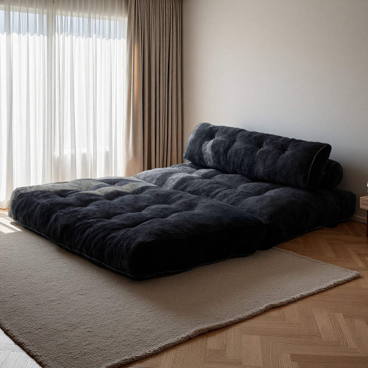 MAXYOYO Corduroy Folding Sofa Bed, Convertible Sleeper Chair with Pillow Foldable Mattress with Back Support(Double), Black