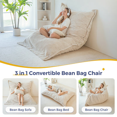MAXYOYO Giant Bean Bag Chair with Pillow, 3 in 1 Convertible Bean Bag Bed for Adults with Washable Cover, Removable Floor Cushion Stuffed Floor Lounger for Living Room Bedroom, White