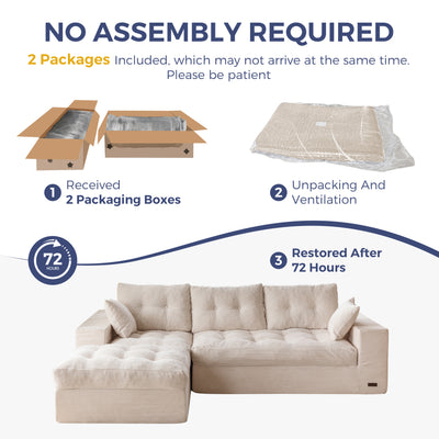 Beige sectional sofa with assembly instructions on a white background