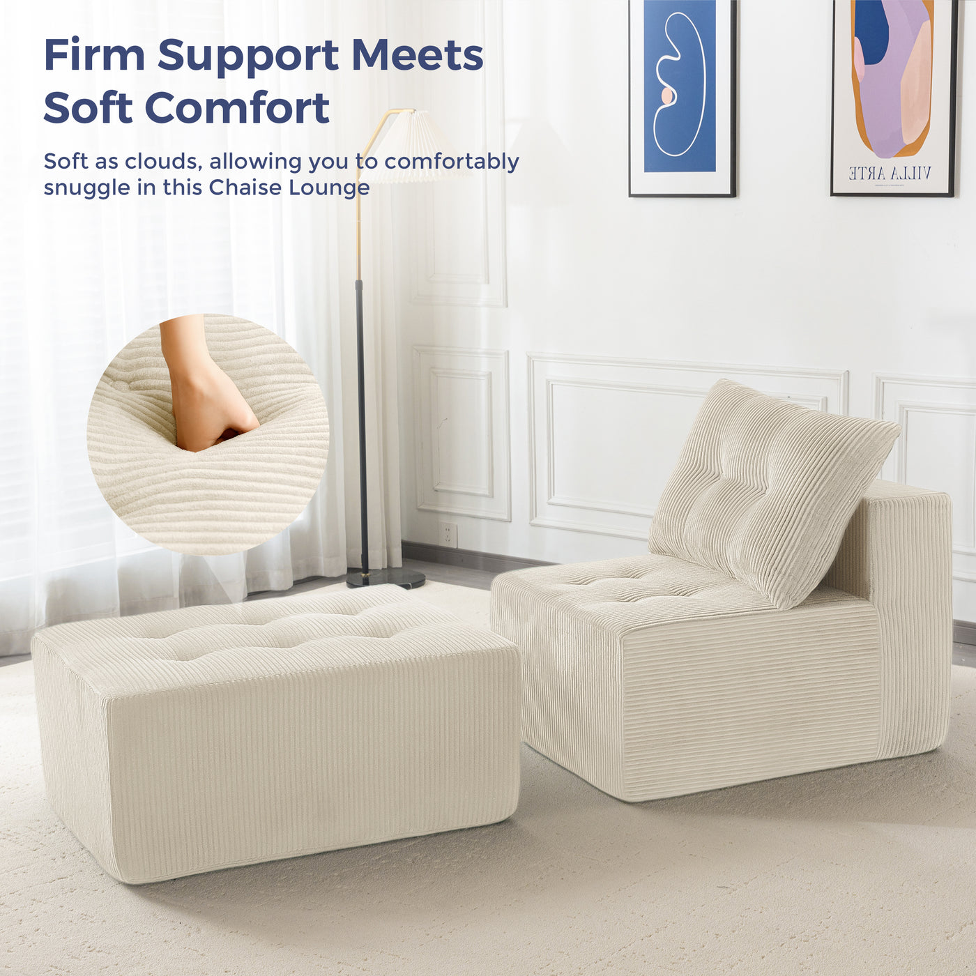 MAXYOYO Modular Sectional Chaise Lounge, Versatile Sofa Chair with Ottoman, Deep Seat Boneless Sofa for Living Room, Tufted Cozy Cloud Couch Lounge with Cushion, No Assembly Required, Beige