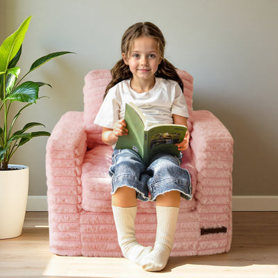 MAXYOYO Kids Bean Bag Chair - Comfy Faux Fur Bean Bag Sofa with Filler with Pillows and Armrests, Pink