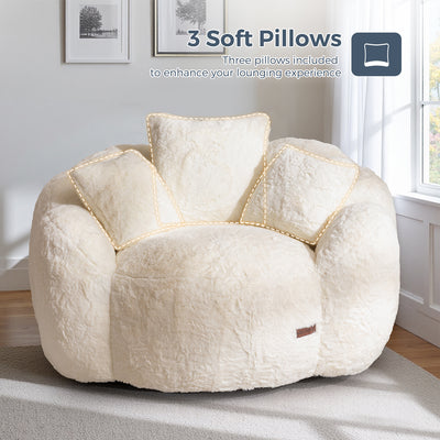 MAXYOYO Oversized Floral Bean Bag Chair – Ultra Soft Faux Fur Lounge Sofa with 3 Pillows, Beige